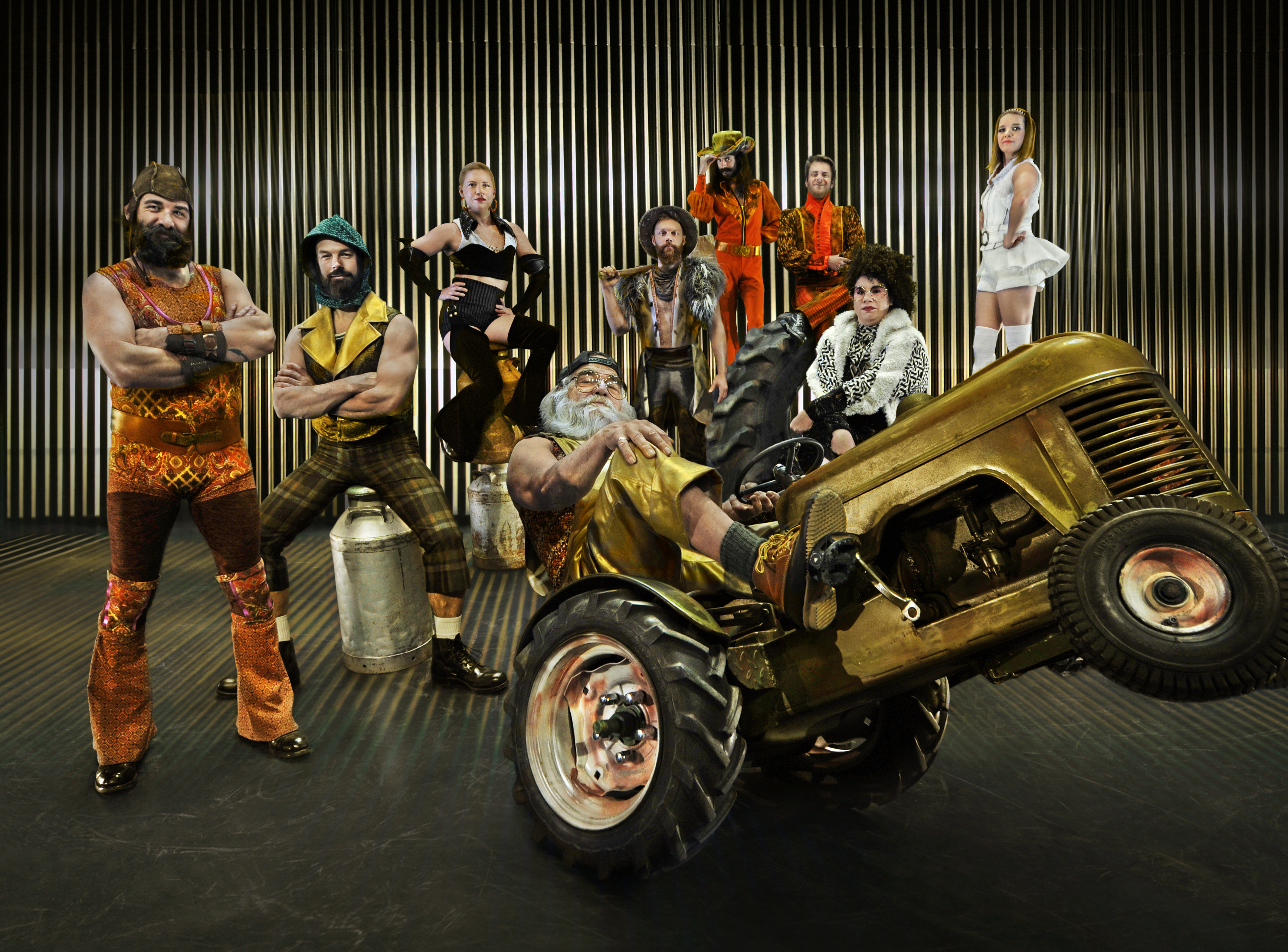 Animal Production Photo - cast posed around a Toy Tractor